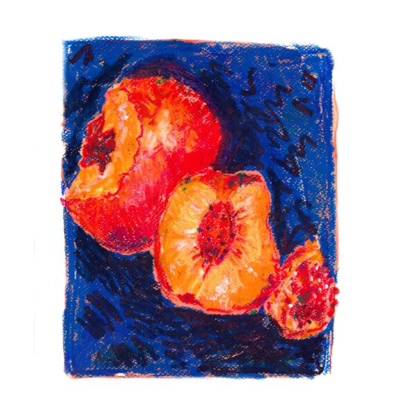 Juicy peach at various stages of consumption, vibrant orange oil pastel on blue and black background