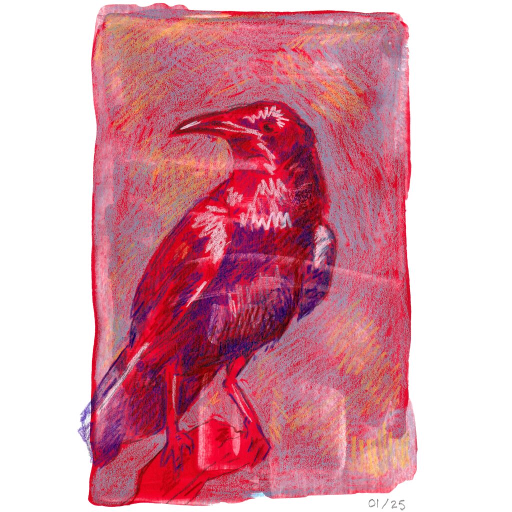 Red crow print featuring a bird in a powerful profile with highlights on a red and blue acrylic background
