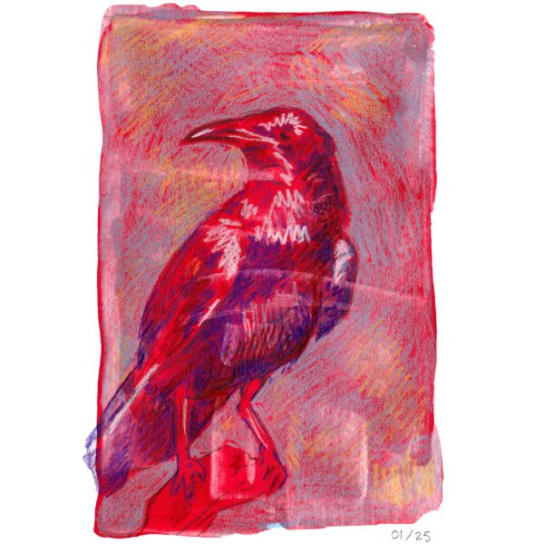 Red crow print featuring a bird in a powerful profile with highlights on a red and blue acrylic background