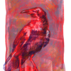 A beautiful crow, in red and black tones with contrasting white highlights.