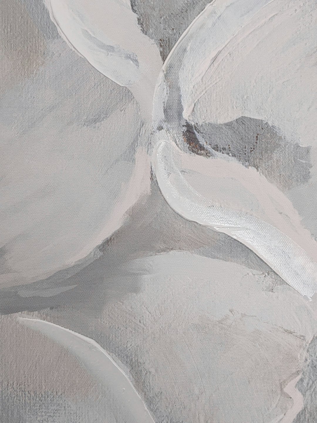 Abstract painting with textured white and beige brushstrokes on canvas.
