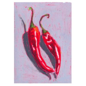 Two red chilli peppers. Painted with oil on a blue acrylic background.