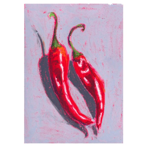 Two red chilli peppers. Painted with oil on a blue acrylic background.