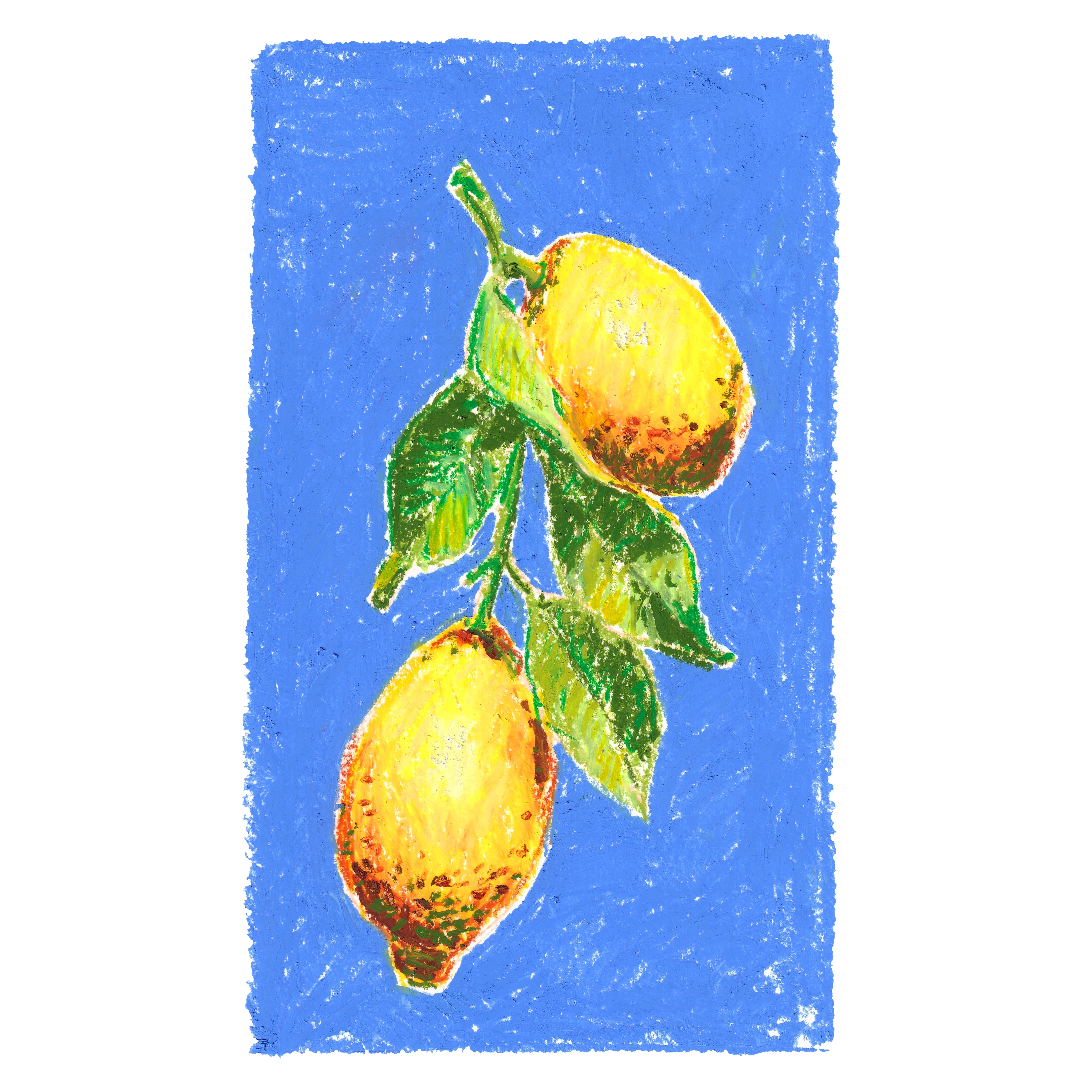 Oil pastel artwork of two yellow lemons and green leaves on a bright blue background